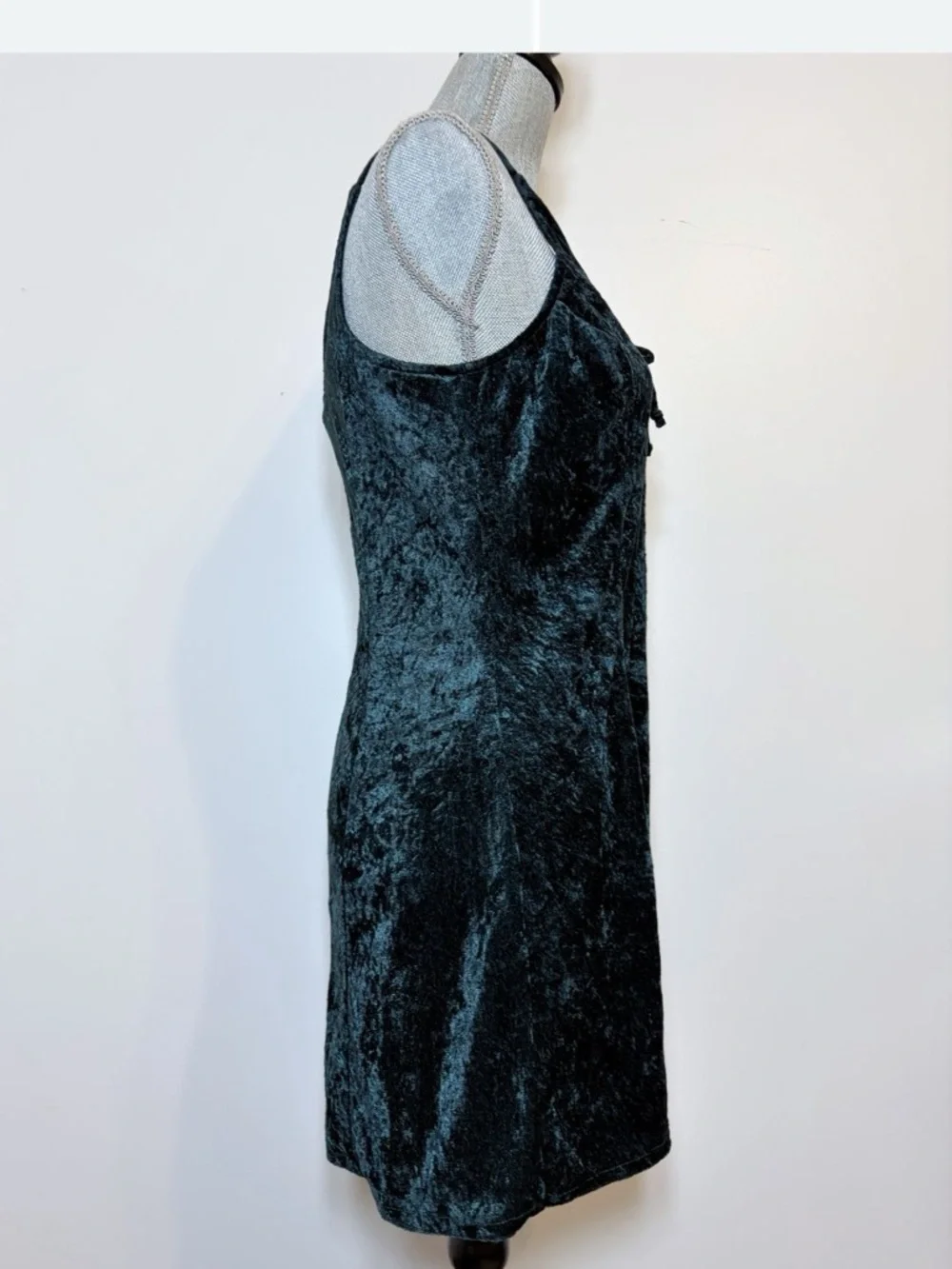 Vintage 90s Crushed Velvet Slip Dress Forest Green Rockstar Chic Mini Dress - Picture 4 of 9